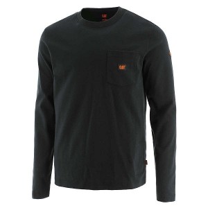 Men's Caterpillar Flame Resistant Logo Pocket Long Sleeve Tee T-Shirt Black | 127604-EHO