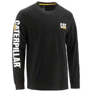 Men's Caterpillar Trademark Banner Long Sleeve Tee T-Shirt Black | 619082-IHT