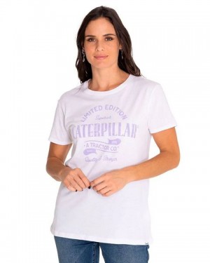 Women's Caterpillar Short Sleeve W Historic Tradition Graphic Tee T-Shirt White | 563048-OAC