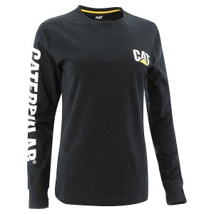 Women's Caterpillar Trademark Banner Long Sleeve Tee T-Shirt Black | 394701-ULH