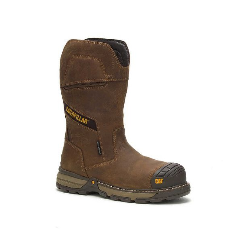 Men's Caterpillar Excavator Superlite Pull-On Waterproof Carbon Composite Toe Work Boots Brown | 385920-ZMA