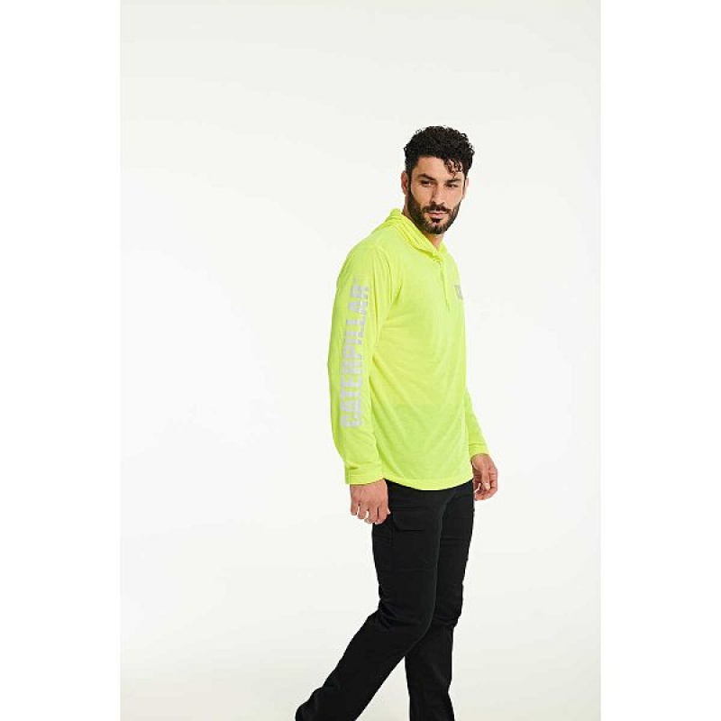 Men's Caterpillar HiVis UPF Hooded Long Sleeve Tee T-Shirt Yellow | 168592-QEH