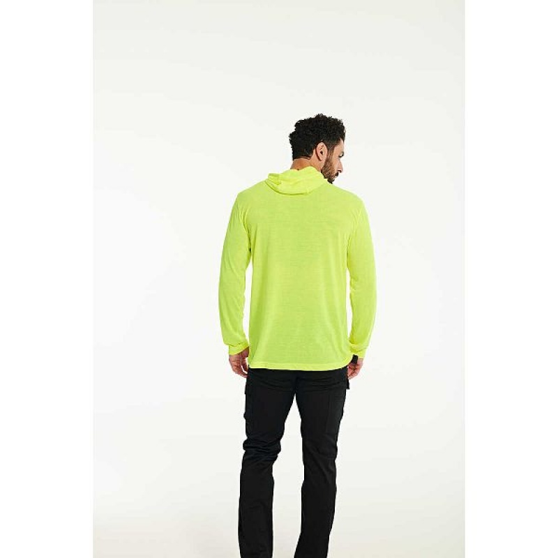 Men's Caterpillar HiVis UPF Hooded Long Sleeve Tee T-Shirt Yellow | 168592-QEH