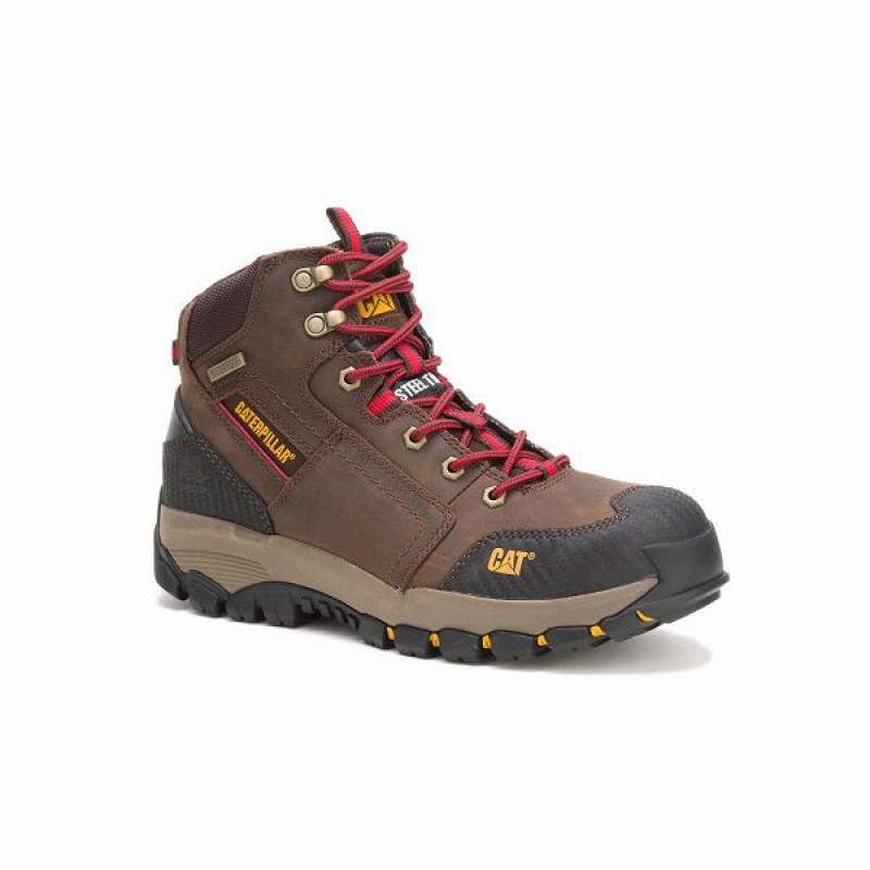 Men's Caterpillar Navigator Mid Waterproof Steel Toe Work Boots Brown | 519348-ZMO