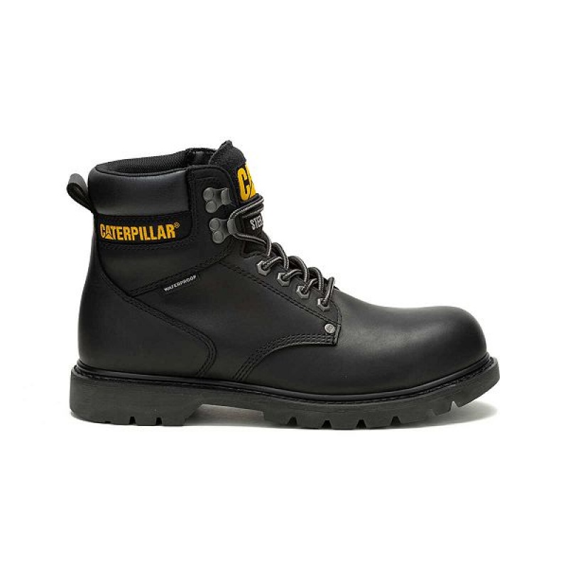 Men\'s Caterpillar Second Shift Waterproof Steel Toe Work Boots Black | 635427-FWI