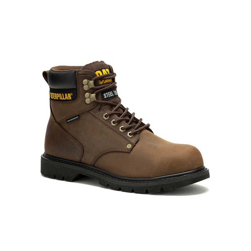 Men's Caterpillar Second Shift Waterproof Steel Toe Work Boots Dark / Brown | 517496-IXS