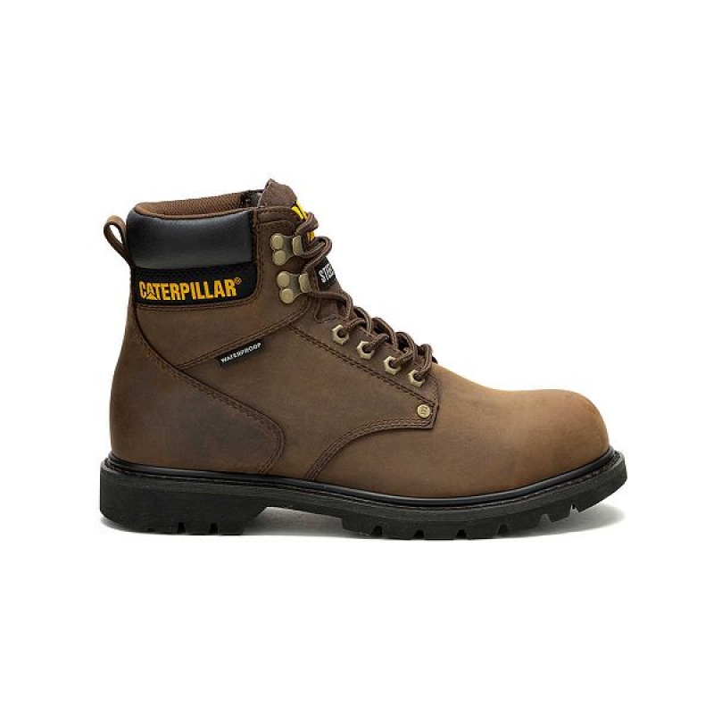 Men\'s Caterpillar Second Shift Waterproof Steel Toe Work Boots Dark / Brown | 517496-IXS