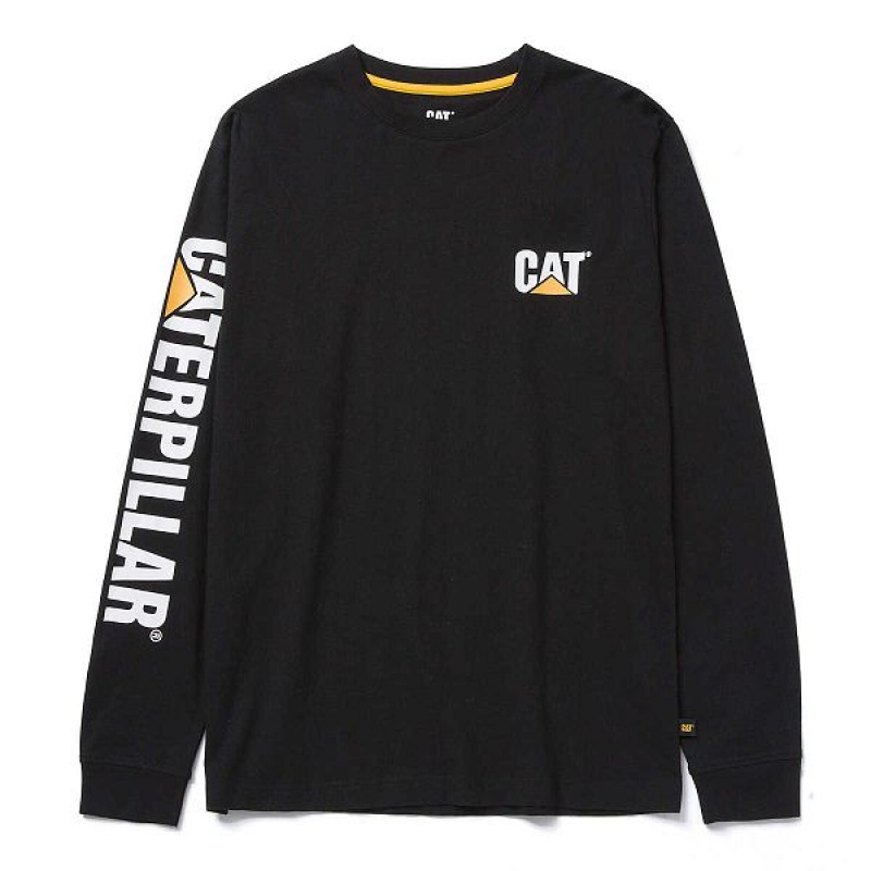 Men's Caterpillar Trademark Banner Long Sleeve Tee T-Shirt Black | 619082-IHT