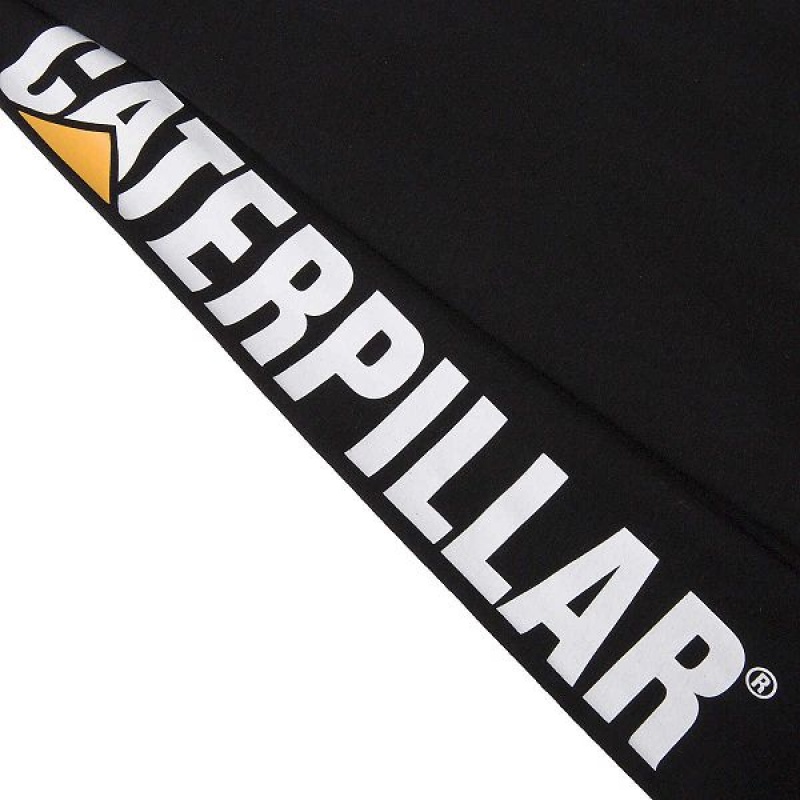 Men's Caterpillar Trademark Banner Long Sleeve Tee T-Shirt Black | 619082-IHT