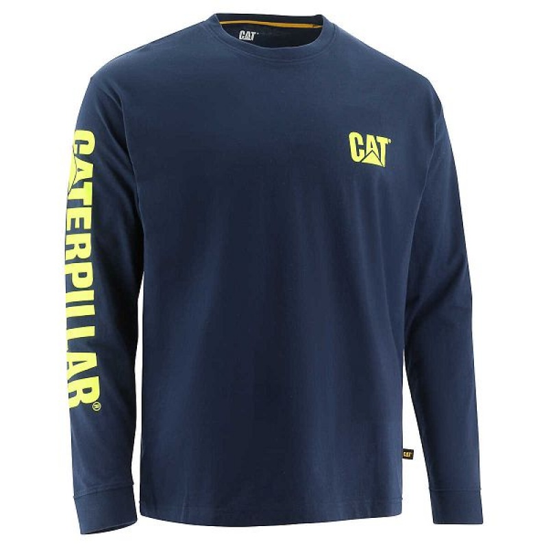 Men\'s Caterpillar Trademark Banner Long Sleeve Tee T-Shirt Blue | 395468-FTO