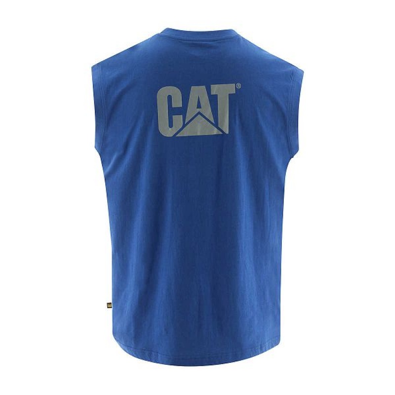 Men's Caterpillar Trademark Sleeveless Pocket Tee T-Shirt Light / Blue | 481765-JRN