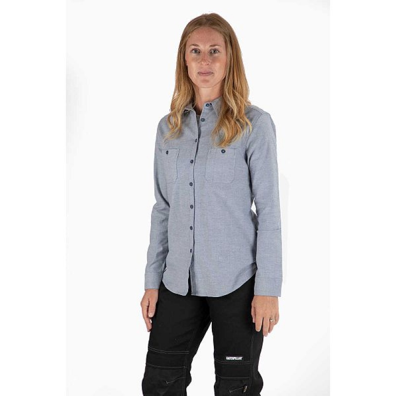 Women's Caterpillar Oxford Long Sleeve Shirts Blue | 269538-PJM