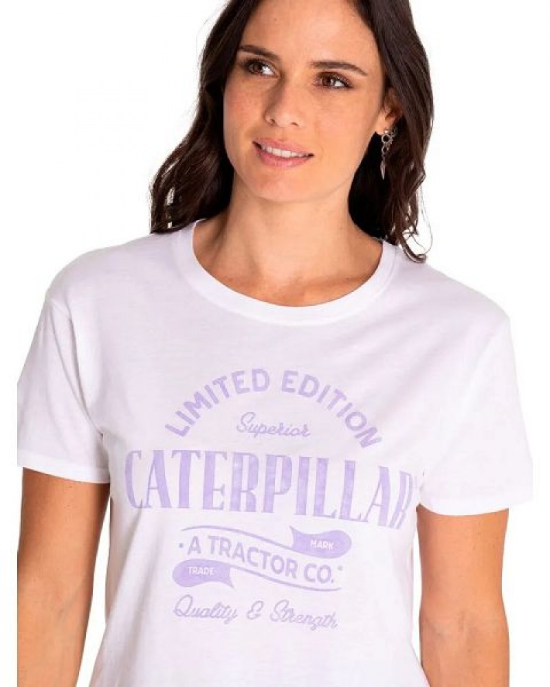 Women's Caterpillar Short Sleeve W Historic Tradition Graphic Tee T-Shirt White | 563048-OAC