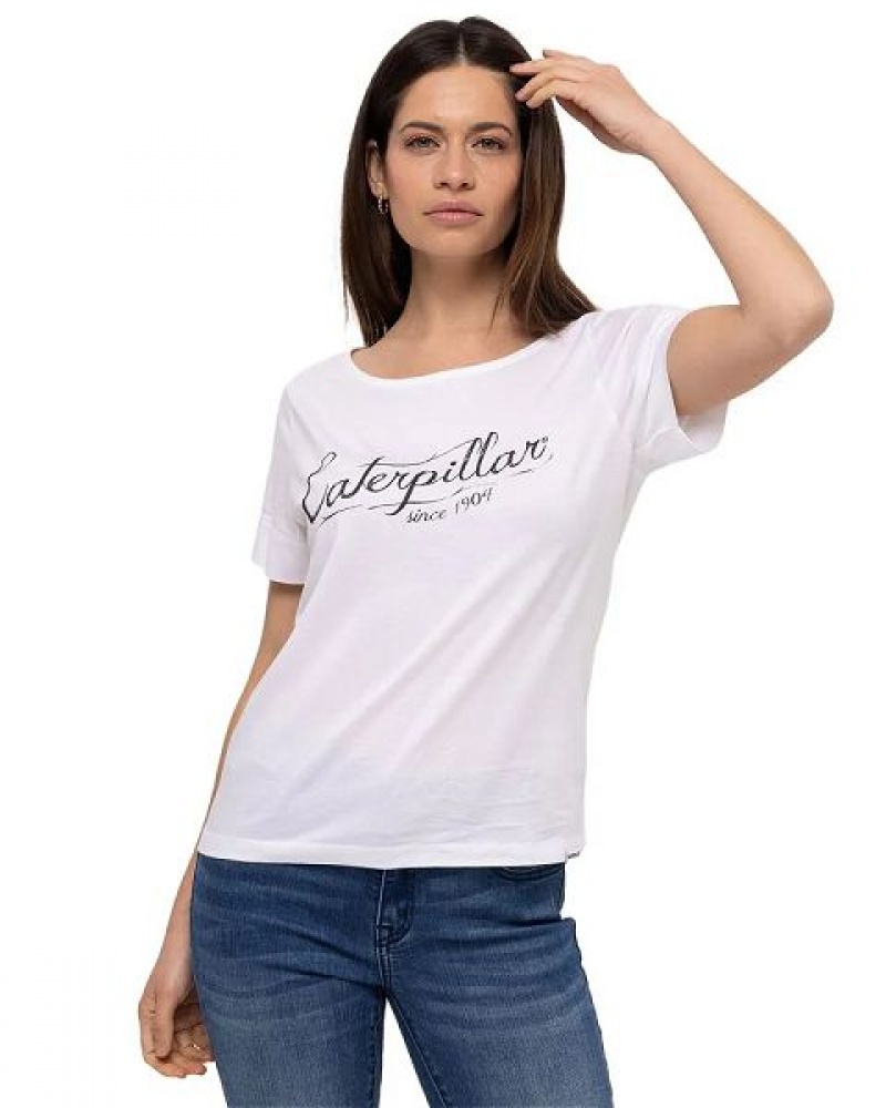 Women's Caterpillar Short Sleeve W Off The Shoulder Tee T-Shirt White | 513862-ZOU