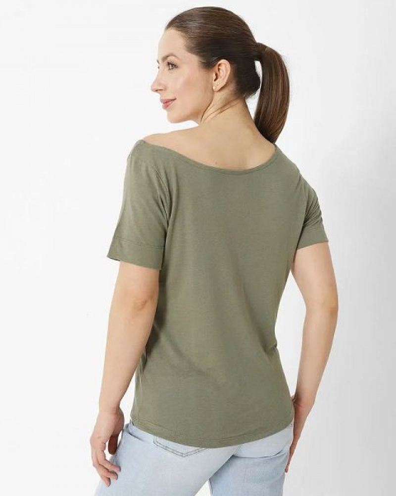 Women's Caterpillar Short Sleeve W Off The Shoulder Tee T-Shirt Khaki | 634057-YRB