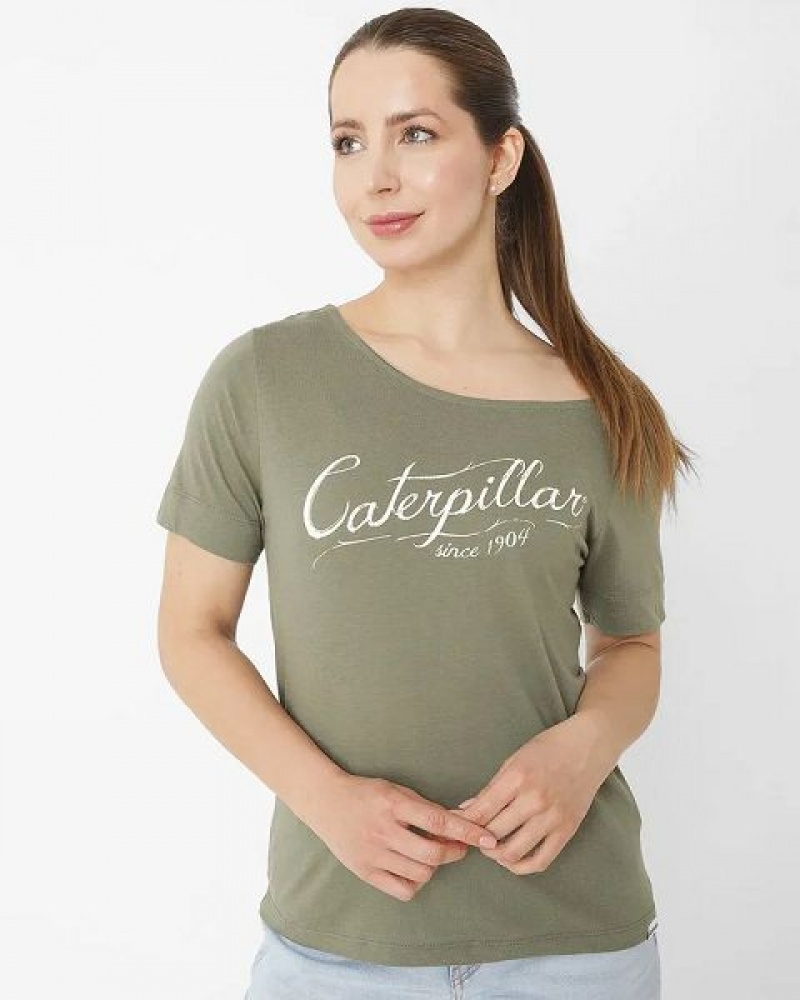 Women's Caterpillar Short Sleeve W Off The Shoulder Tee T-Shirt Khaki | 634057-YRB