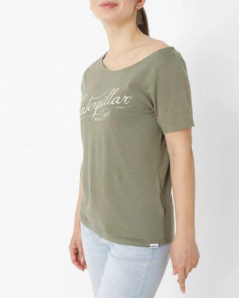 Women's Caterpillar Short Sleeve W Off The Shoulder Tee T-Shirt Khaki | 634057-YRB