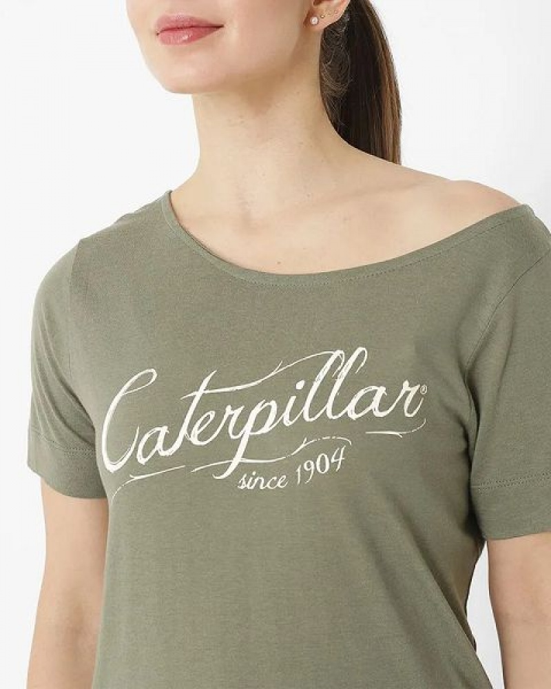 Women's Caterpillar Short Sleeve W Off The Shoulder Tee T-Shirt Khaki | 634057-YRB