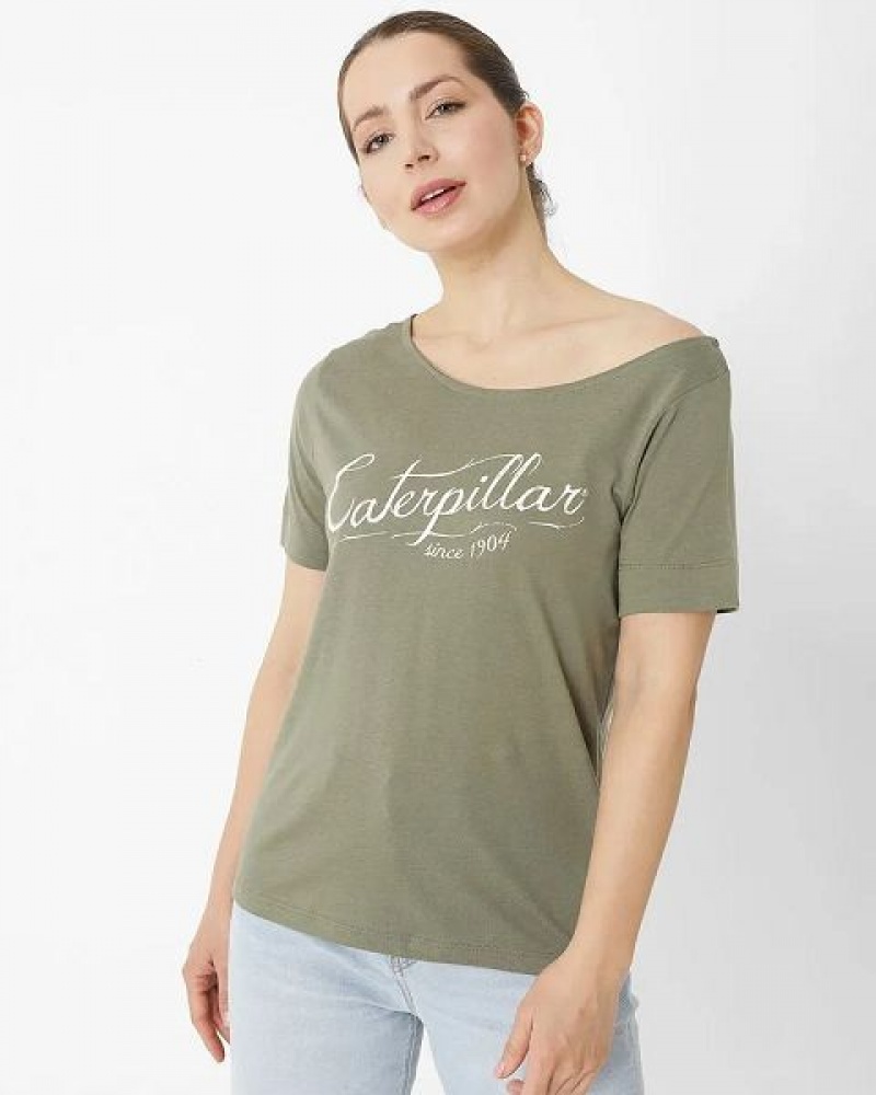 Women\'s Caterpillar Short Sleeve W Off The Shoulder Tee T-Shirt Khaki | 634057-YRB