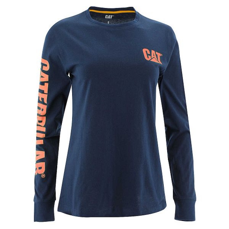 Women\'s Caterpillar Trademark Banner Long Sleeve Tee T-Shirt Blue | 504739-GDO